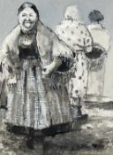 ‡ ANDREW DOUGLAS-FORBES mixed media - three figures, entitled verso 'Market Day',