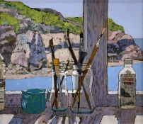 ‡ MIKE HALL acrylic on board - entitled verso 'View of the Headland from the Studio (Port Isaac)',