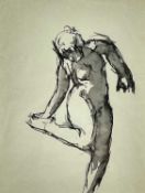 ‡ JOSEF HERMAN OBE RA pen and wash on paper - standing female nude holding right leg up,
