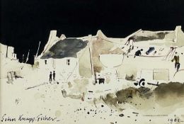 ‡ JOHN KNAPP-FISHER watercolour - figures in a boatyard, entitled verso 'Boatyard - Arniston',