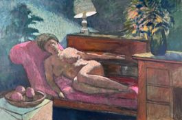 ‡ JOHN ELWYN oil on canvas - reclining nude female on a chaise longue with table lamp, bowl of fruit