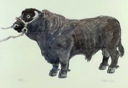 ‡ SIR KYFFIN WILLIAMS RA print - Welsh black standing bull, signed in full Dimensions: 40 x