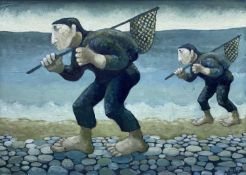 ‡ MURIEL DELAHAYE oil on board - fisherman with catch and nets, signedDimensions: 52 x