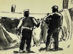 ‡ JOSEF HERMAN OBE RA inkwash - two figures mending nets, entitled verso 'Scottish Fisherman', circa