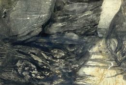 ‡ RONALD LOWE mixed media - pathway through rocks, entitled verso 'Walk to Beach', unsigned