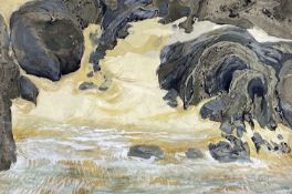 ‡ RONALD LOWE mixed media - entitled verso 'Tide up the Beach', signed front and back Dimensions: 38