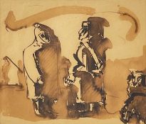 ‡ JOSEF HERMAN OBE RA pen and ink drawing - farmers in conversation with grazing sheep,