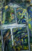 ‡ ERNEST ZOBOLE mixed media - figure standing in doorway with window views of various valley town