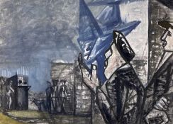 ‡ ERIC MALTHOUSE mixed media - entitled verso on Kooywood Gallery label 'Men and Pigeons', signed