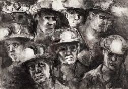 ‡ VALERIE GANZ charcoal drawing - study of miners with helmets and lamps, entitled verso on Albany
