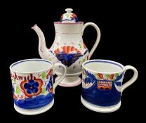 TWO RARE GAUDY WELSH POTTERY NAMED MUGS & GAUDY WELSH COFFEE POT, mid to late 19th Century, named