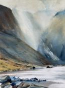 ‡ ROB PIERCY watercolour - misty Eryri (Snowdonia) peaks with lake to foreground, entitled verso '