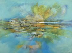 ‡ RONALD LOWE oil on canvas - expansive view across farmland towards estuary, entitled verso 'Flight