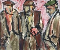 ‡ MIKE JONES mixed media - entitled verso 'Three Farmers', signed, together with inscription