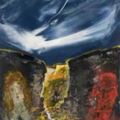 ‡ WIL ROWLANDS oil on panel - two figures below a dark sky, entitled verso 'Gagendor',