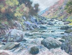 ‡ JEREMY YATES (British, b. 1947) oil on canvas - entitled verso 'Aberglaslyn, Descending River',