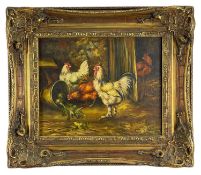 CIRCLE OF EDGAR HUNT (British, 1876-1953) oil on canvas - study of hens scavenging, bears signature,