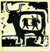 ‡ RUTH JEN (b.1964) limited edition (3/5) linocut - bull and calf, signed and numbered in pencil,