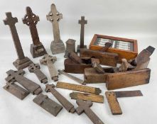 ASSORTED MODEL CELTIC CROSSES & WOODWORKING TOOLS, including 5 planes and 2 square rules and a box