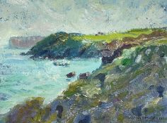 ‡ WARREN S HEATON (Contemporary) oil - sea-scape entitled verso 'Stackpole Head', sgined and