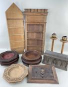 ASSORTED ECCLESIATICAL WOOD CARVINGS, including 8 plain circular and carved octagonal alms dishes,