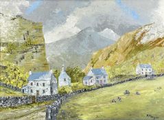 ‡ NIGEL MORGAN (Welsh Contemporary) oil on board - lane with cottages with mountain peaks in