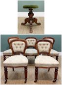 FIVE EARLY VICTORIAN WALNUT SIDE CHAIRS, button upholstered balloon backs, stuff over shallow