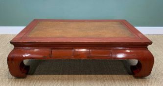 STYLISH CHINESE RED LACQUER TABLE, KANG, hinged top with woven rattan inlay, above 4 frieze drawers,