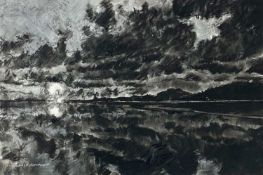 ‡ DAVID GROSVENOR (b. 1956) mixed media - view across bay with headland, entitled 'Sunset over