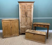 ASSORTED ANTIQUE PINE FURNITURE, comprising a narrow cupboard, small two drawer side table, plank
