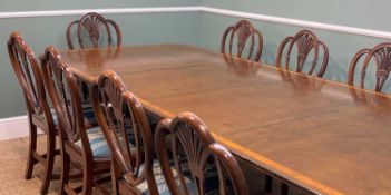 REGENCY STYLE MODERN REPRODUCTION MAHOGANY DINING TABLE & CHAIRS, twin pedestal table with satinwood