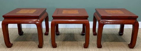 SET THREE CHINESE RED LACQUER SQUARE OCCASIONAL TABLES, inlaid woven rattan centres, incurved