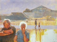 EARLY 21ST CENTURY SCHOOL / CONTEMPORARY acrylic on board - couple sitting on bench with ice cream