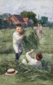 WILLIAM MALIPHANT (Welsh, 1862-1932) watercolour - two young boys playing in field with cut grass,