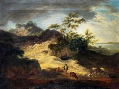 EARLY 19TH CENTURY ENGLISH SCHOOL, oil on canvas - figures in conversation at a cave entrance with