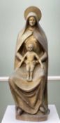 JOHN EXCELL PLASTER CAST OF SEATED VIRGIN & CHILD, 1958, painted in gold, signed 56cm h