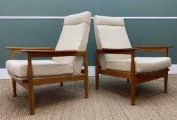 PAIR GUY ROGERS 'MANHATTAN' TEAK RECLINING ARMCHAIRS, upholstered in cream 'linen' woven fabic (2)