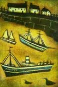 ‡ SUE MORGAN (Contemporary Welsh) acrylic - boats in a harbour, entitled verso on Albany Gallery