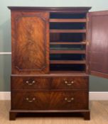 GEORGE III MAHOGANY LINEN PRESS, with dental cornice, above cupboard doors with caddy moulding,