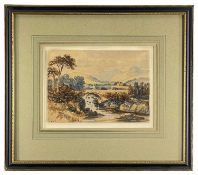ALFRED MONTAGUE (British, 1832-1883) watercolour - mountainscape with stone bridge and stream,