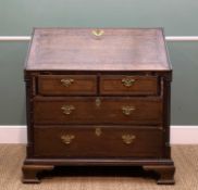 GEORGE III OAK & MAHOGANY CROSSBANDED BUREAU, angled fall enclosing fitted interior of drawers,