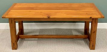 REFECTORY TYPE TABLE - substantial modern pine with cross-stretcher, 76cms H, 185cms W, 86cms D