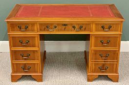 YEW REPRODUCTION TWIN PEDESTAL DESK - with red tooled leather effect top, 76cms H, 122cms W, 61cms
