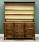19th CENTURY OAK BREAKFRONT DRESSER - a three shelf top rack with painted wide backboards over a 