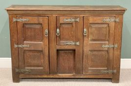 REPRODUCTION ANTIQUE OAK MULTI-DOOR CUPBOARD - with panelled front and rustic door furniture, 102cms