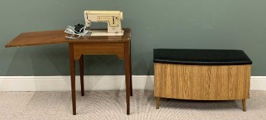 MID CENTURY SINGER SEWING MACHINE & WORK TABLE - 96cms H, 56cms W, 43cms D and a bow fronted, wood