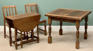DRAW LEAF TABLE - polished oak on turned and block supports, 74cms H, 149cms (open), 88cms D, BARLEY