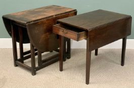 MAHOGANY PEMBROKE TABLE - on tapered supports with single drawer, 71cms H, 99cms W (open), 84cms D