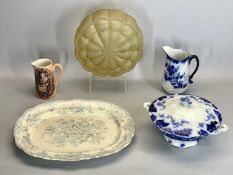 FLOW BLUE TYPE CHINA, a blue and white meat platter and a retro smoky glass lampshade