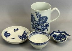CAUGHLEY BLUE & WHITE DRINKING MUG, 12.5cms tall, similar saucer, tea bowl and pickle dish